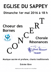 Affiche du Concert du Choeur des Bornes et de la Chorale Résonances au Sappey le 1er mai 2016