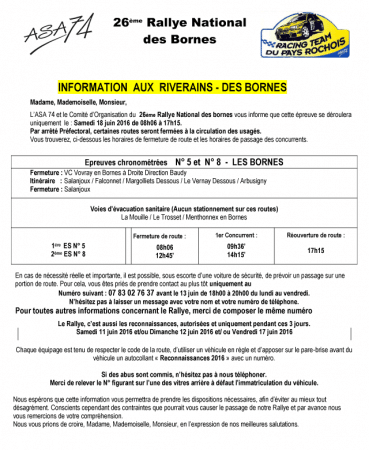 Informations aux riverains concernant le Rallye des Bornes 2016