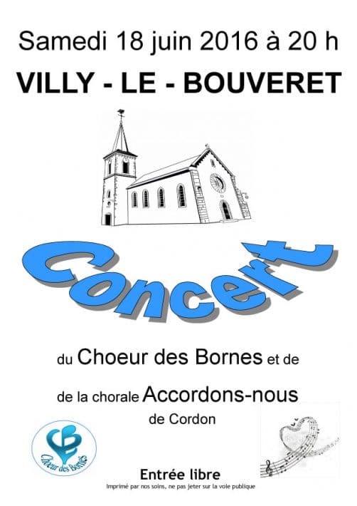 Affiche du Concert du Choeur des Bornes et de la Chorale Accordons-nous à Villy-le-Bouveret le 18 juin 2016