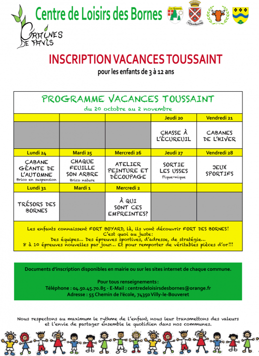 Centre de Loisirs des Bornes - Inscriptions vacances Toussaint 2016