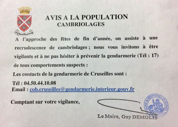 Avis à la population - Cambriolages
