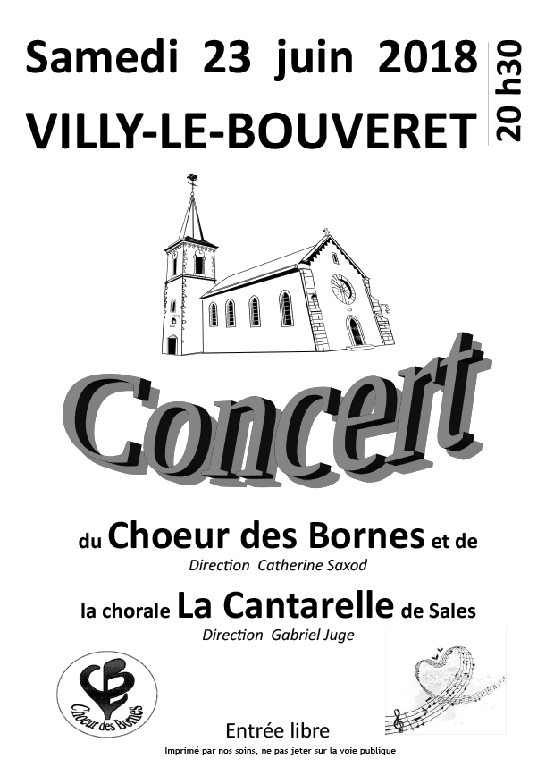 Affiche du concert du Choeur des Bornes et de La Cantarelle à Villy-le-Bouveret le 23 juin 2018 à 20h30