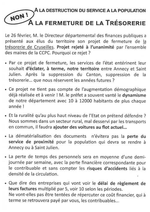 Nom à la fermeture de la trésorerie de Cruseilles