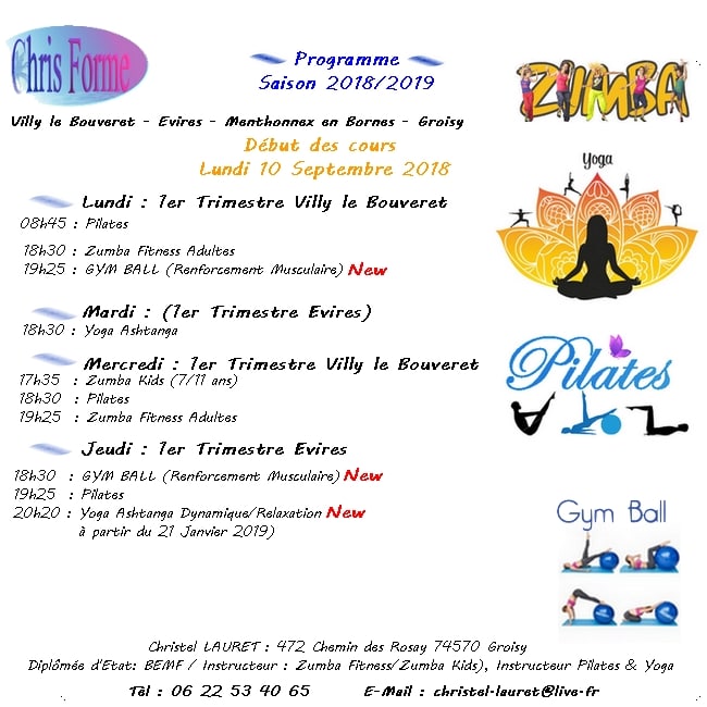 Programme Gym Ball, Zumba, Pilates, Yoga pour la saison 2018/2019