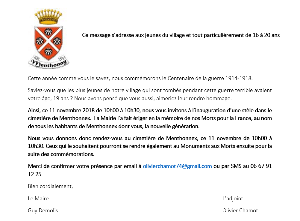 Invitation des jeunes aux cérémonies du 11 novembre 2018