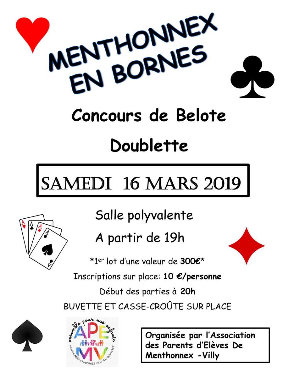 Belote organisée par l'APEMV le 16 mars 2019.