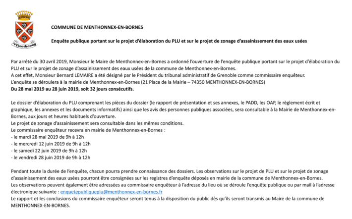 Annonce légale de l'Enquête publique portant sur le projet d’élaboration du PLU et sur le projet de zonage d’assainissement des eaux usées