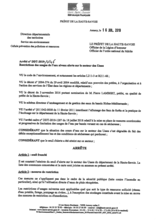 Arrêté n°DDT-2019-1146 Restrictions des usages de l'eau niveau alerte sur le secteur des Usses.