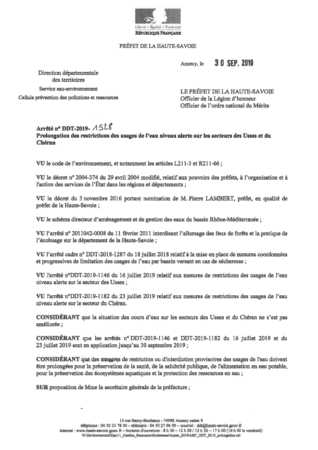 Arrêté n°DDT-2019-1528 Prolongation des restrictions des usages de l'eau niveau alerte sur les secteurs des Usses et du Chéran