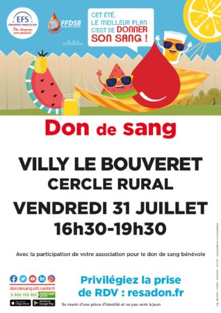 Don du sang à Villy-le-Bouveret le 31 juillet 2020
