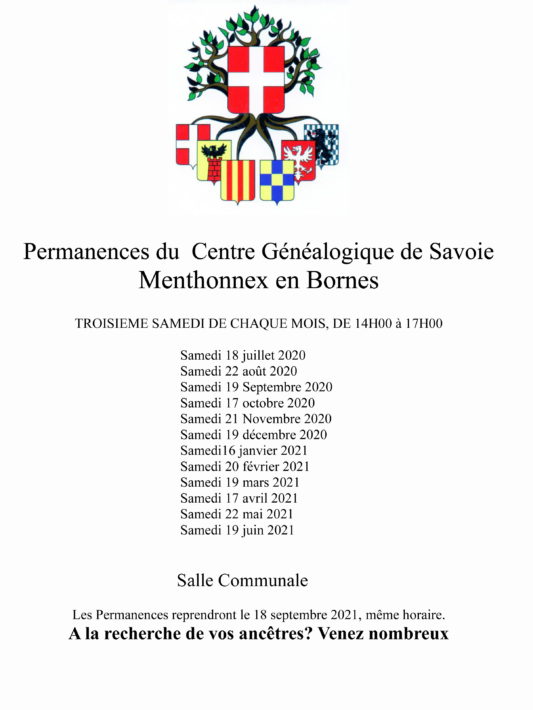 Permanences du Centre Généalogique de Savoie 2020/2021
