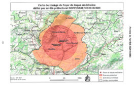 Carte de zonage du foyer de loque américaine défini par arrêté préfectoral DDPP/SPAE/2020-2683