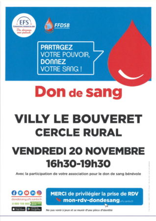 Don du sang à Villy-le-Bouveret le 20 novembre 2020