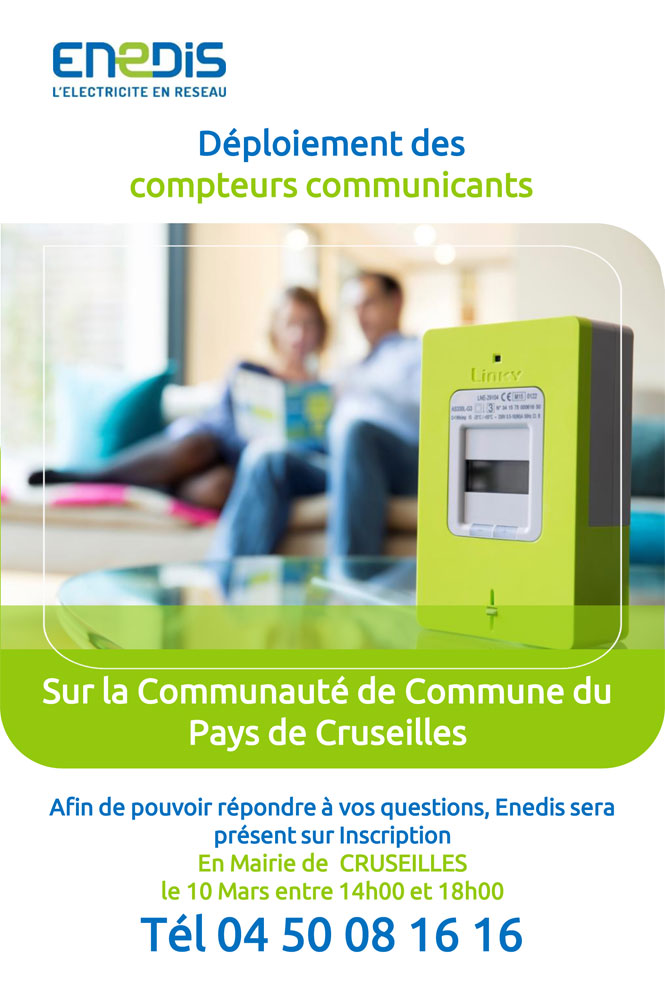 Permanence Enedis concernant le déploiement des compteurs communicants le 10 mars 2021 de 10h à 18h en mairie de Cruseilles sur inscription.