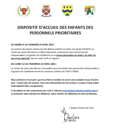 Dispositif d'accueil des enfants des personnels prioritaires du 6 au 23 avril 2021.