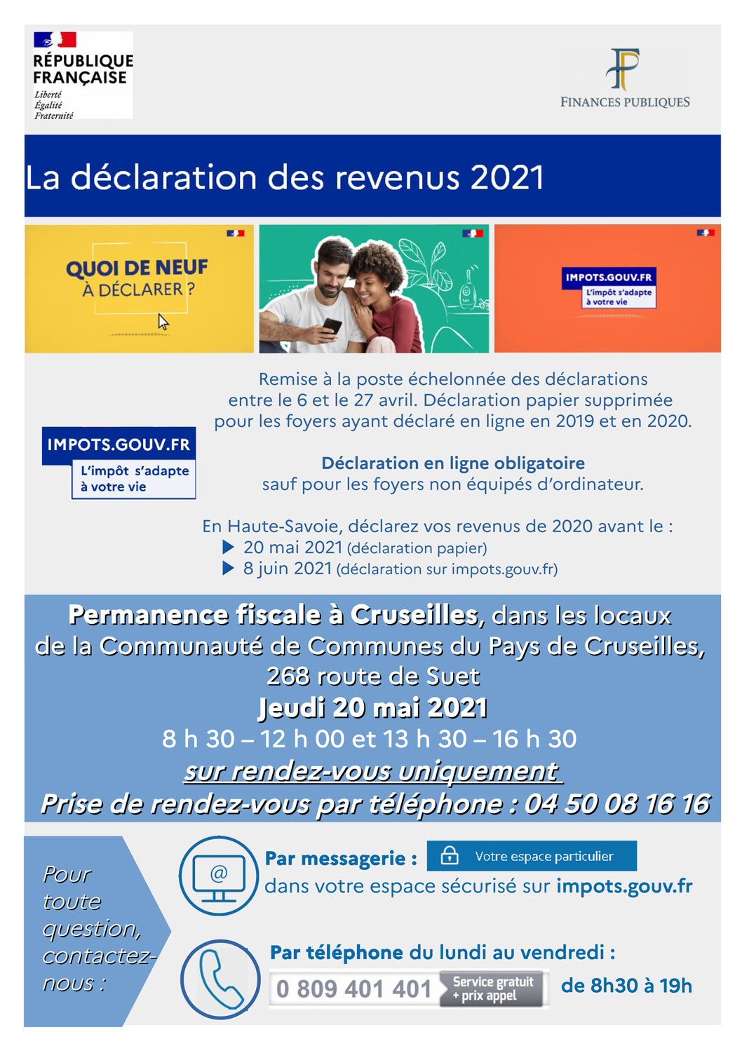 Permanence fiscale à Cruseilles dans les locaux de la Communauté de Communes du Pays de Crruseiilles le jeudi 20 mai 2021 sur rendez-vous.