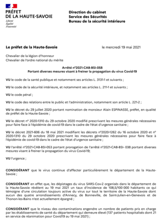 Arrêté préfectoral 2021-CAB-BSI-058 portant diverses mesures visant à freiner la propagation du virus Covid-19 (format PDF, 75 Ko).