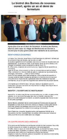 Réouverture du Bistrot des Bornes dans le Messager du 23 novembre 2023.