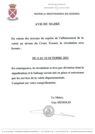 Avis du maire : fermeture de la RD3 pour travaux du 4 au 22 octobre 2021