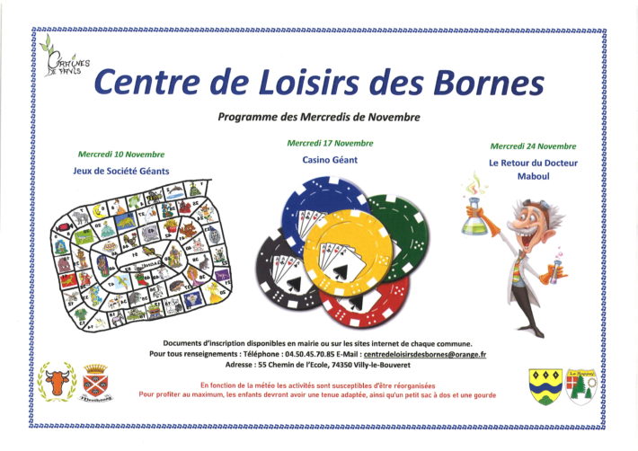 Centre de Loisirs des Bornes : programme des mercredis de novembre 2021