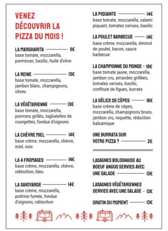 Carte de la roulotte atypique pizza