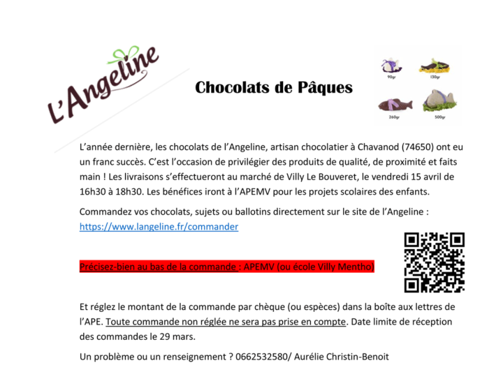 Opération Chocolats de Pâques 2022 au prfit de l'APEMV