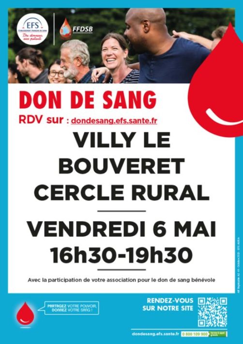 Don du sang à Villy-le-Bouveret le 6 mai 2022 de 16h30 à 19h30