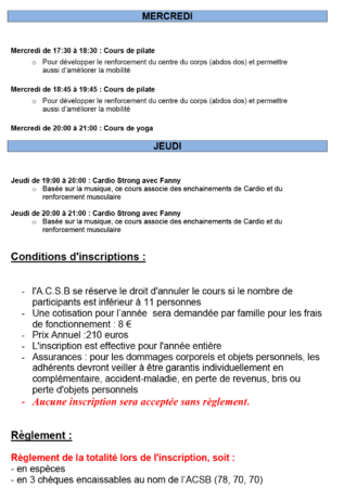 Activités 2022-2023 de l'ACSB : conditions d'Inscriptions et règlement