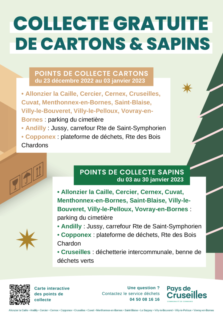 Collecte de cartons du 23 décembre 2022 au 3 janvier 2023 et collecte de sapins du 3 au 30 janvier 2023 sur le parking du cimetière