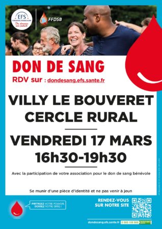 Don du sang à Villy-le-Bouveret le 17 mars 2023 de 16h30 à 19h30