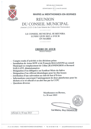 Ordre du jour du conseil municipal du 5 juin 2023