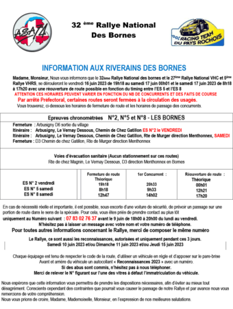 Infos Riverains - Rallye des Bornes 2023