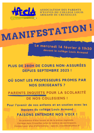 Appel à manifestation de l'Association des Parents d'Élèves du Collège Louis Armand de Cruseilles (APECLA) le 14 février 2024 à 11h30.