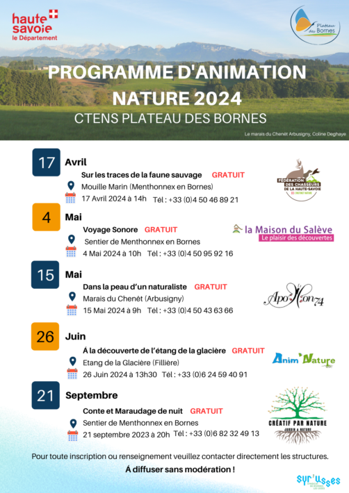 Programme des animations nature 2024 sur le Plateau des Bornes.