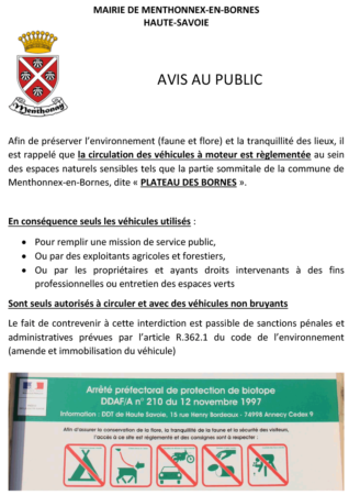 Circulation des véhicules à moteur réglementée sur le Plateau des Bornes.