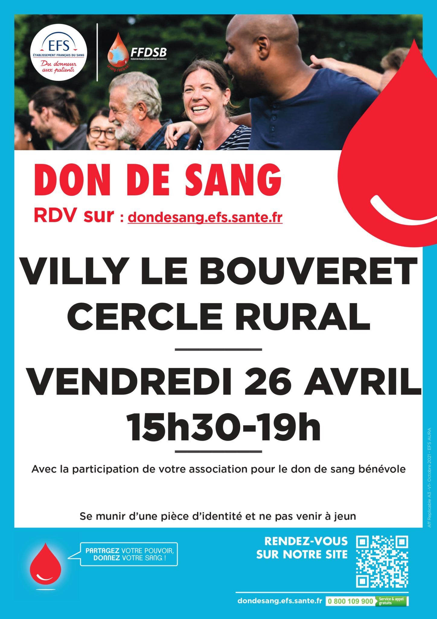 Don du sang à Villy-le-Bouveret le 26 avril 2024 de 15h30 à 19h00.