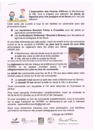 L'Association des Parents d'Elèves de Menthonnex et Villy vous propose une vente de plants de légumes, aromates et fleurs sur commande avant le 29 avril.