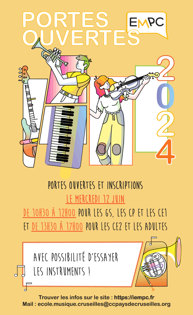Affiche des portes ouvertes de l’école de Musique du Pays de Cruseilles le 12 juin 2024