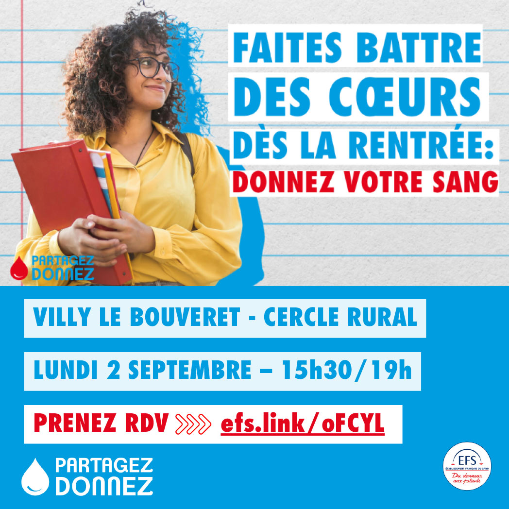 Don du sang à Villy-le-Bouveret le lundi 2 septembre 2024 de 15h30 à 19h00