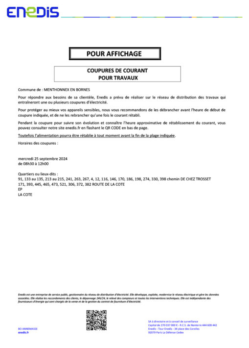 Coupure de courant pour travaux le mercredi 25 septembre 2024 entre 08h30 et 12h00