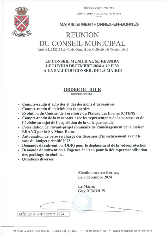 Ordre du jour du conseil municipal du 9 décembre 2024
