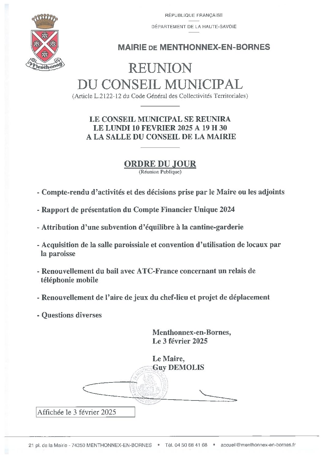 Ordre du jour du conseil municipal du 10 mars 2025