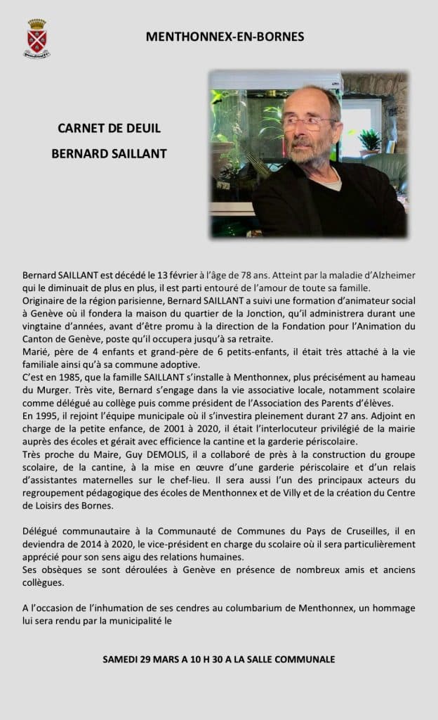 Hommage à Bernard Saillant le samedi 29 mars 2025 à 10h30 à à la salle polyvalente