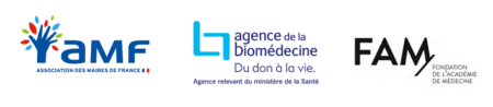 Logos de l'’Association des Maires de France, l'Agence de la biomédecine et la Fondation de l’académie de médecine.