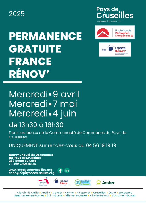 Permanences Haute-Savoie Rénovation Energétique / France Rénov une fois par mois dans les locaux de la CCPC le mercredi après-midi et sur rendez-vous