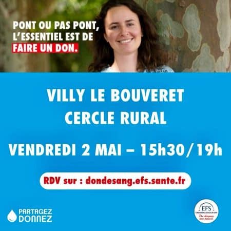 Don du sang à Villy-le-Bouveret le vendredi 2 mai 2025 de 15h30 à 19h00