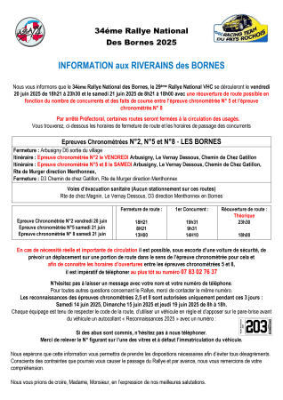 Rallye des Bornes 2025 - Infos riverains