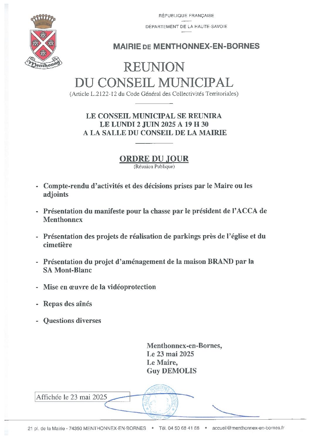 Ordre du jour du conseil municipal du 2 juin 2025