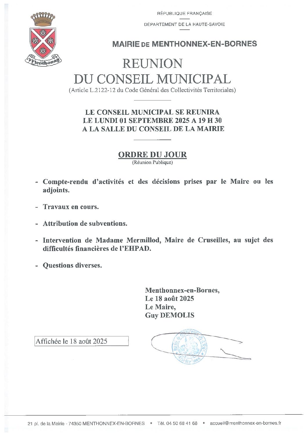 Ordre du jour du conseil municipal du 1er septembre 2025