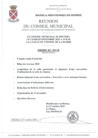 Ordre du jour du conseil municipal du 3 novembre 2025